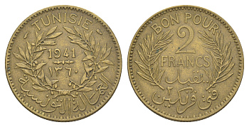 Тунис 2 франка 1941 KM 248 алюминиевая бронза 4179-555