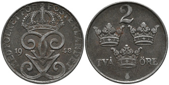 Швеция 2 эре 1948 Густав V (1907-1950) KM 811 железо 63-956