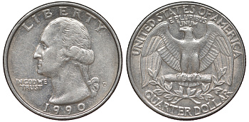 США 25 центов = квотер 1990 D, Вашингтон KM A164a медь плакированная медно-никелем 4543-1244