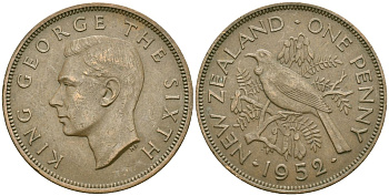 Новая Зеландия 1 пенни 1952 Георг VI (1936-1952), новозеландский туи KM 21 бронза 4557-341