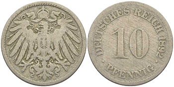 ГЕРМАНИЯ 10 ПФЕННИГОВ 1892 D KM 12, J. 13 медно-никель 4401-927