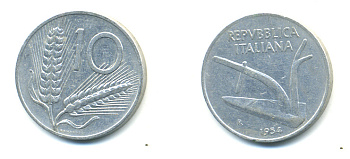 ИТАЛИЯ 10 ЛИР 1954 R, ПЛУГ KM 93 алюминий 3999-1245