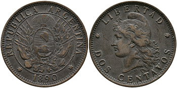 Аргентина 2 сентаво 1890 голова Свободы влево KM 8 бронза 4531-924