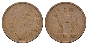 Норвегия 5 эре 1962 Улаф V (1957-1991) KM 405 бронза 4635-556