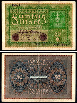 Германия 50 марок 1919 reihe I, серия KT Pick 66 (1) бумага 8518-5-3-2