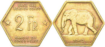 Бельгийское Конго 2 франка 1943 слон, шестиугольная, год тип KM 25 латунь 4541-954