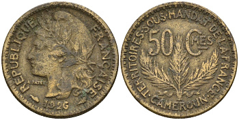 Камерун 50 сантимов 1926 (a), мондвор Париж KM 1 алюминиевая бронза 4164-1254