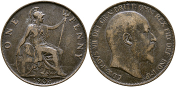 Великобритания 1 пенни 1905 Эдуард VII (1901-1910) KM 794.2, Spink 3990 бронза    4364-4043