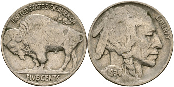 США 5 центов 1934 индеец, бизон KM 134 медно-никель 4525-1036
