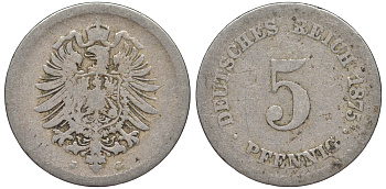 ГЕРМАНИЯ 5 ПФЕННИГОВ 1875 J, СТАРОГЕРБОВКА KM 3, J.3 медно-никель 45-411