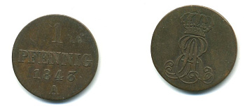 Ганновер 1 пфенниг 1845 A, Эрнст Август (1837-1851) KM 173.1, AKS 126, J. 54 медь 35-724