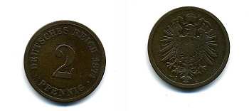 ГЕРМАНИЯ 2 ПФЕННИГА 1874 G, СТАРОГЕРБОВКА KM 2, J.2 медь 35-545