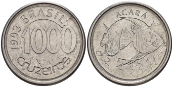 Бразилия 1000 крузейро 1993 реформа 1990-1993, рыбка Акара KM 626 нержавеющая сталь 26-1065