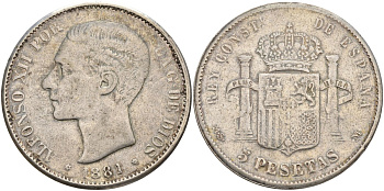 Испания 5 песет 1881 Альфонсо XII, имитация белый металл 4125-114