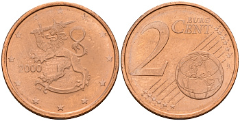Финляндия 2 евроцента 2000  KM 99 сталь плакированная медью  UNC  4564-365