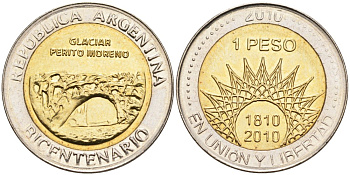 Аргентина 1 песо 2010 ледник Перито-Морено KM 160 биметалл UNC 4175-323