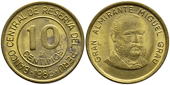 ПЕРУ 10 СЕНТИМО 1986 LIMA, МАНУЭЛЬ ГРАУ KM 293 латунь 4396-429
