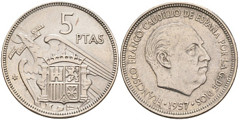 Испания 5 песет 1957(59) Франциско Франко (1939-1975) KM 786 медно-никель aUNC 4583-1144