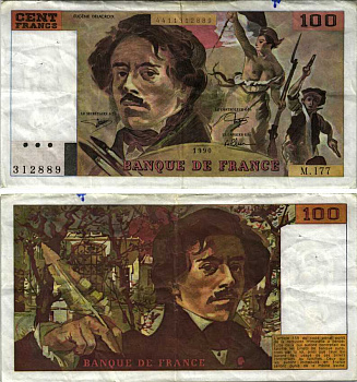 ФРАНЦИЯ 100 ФРАНКОВ 1990 ЭЖЕН ДЕЛАКРУА Pick 154d бумага VF 7183-17-2-1