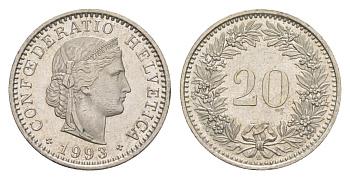 Швейцария 20 раппенов 1993 B KM 29a медно-никель 4623-517