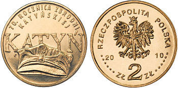 Польша 2 злотых 2010 MW, 70 лет со дня Катынского расстрела KM 721 нордик UNC 4676-712