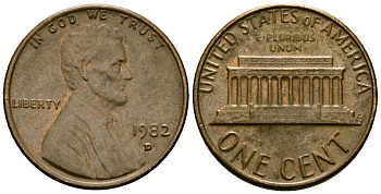 США 1 цент 1982 D, Линкольн KM 201 медь цинк 4136-222