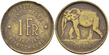 Бельгийское Конго 1 франк 1944 слон, Леопольд III KM 26 латунь 4396-617