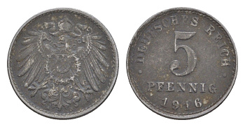 Германия 5 пфеннигов 1916 A, Вильгельм II (1888-1918) KM 19, J. 297 железо плакированное цинком 4644-1114