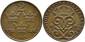 Швеция 2 эре 1916 Густав V (1907-1950), длинная 6 KM 778 бронза 80-451