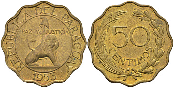Парагвай 50 сентимо 1953 лев, фригийский колпак на шесте KM 28 алюминиевая бронза  aUNC  4177-751