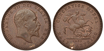 Великобритания 1/2 фартинга 1902 Эдуард VII (1901-1902), модель для коронации Эдуард VII 9 августа 1902. Автор аверса монет Великобритании и ее колоний при королеве Виктории и Эдуарде VII бронза 1524-512