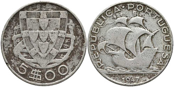 Португалия 5 эскудо 1947 КМ 581 серебро 202-426