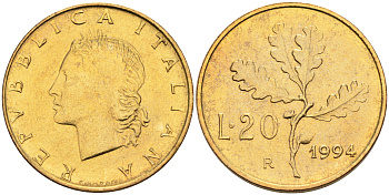 Италия 20 лир 1994 R, дубовый лист KM 97.2 алюминиевая бронза  UNC  4594-914