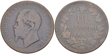 Италия 10 чентезимо 1867 OM, Виктор Эммануил II (1861-1878) KM 11.5 медь 4526-924