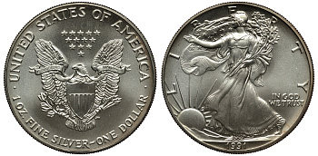 США 1 доллар 1991 шагающая свобода KM 273 серебро UNC 02-112-44