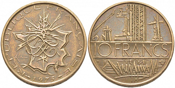 Франция 10 франков 1975 тип Матье KM 940, Le Franc 365.5-6 никель латунь 110-1032