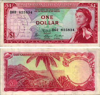 Восточно-Карибские штаты 1 доллар 1965 Британская администрация, серия В62, подпись 9 Pick 13f бумага 8604-33-4-1
