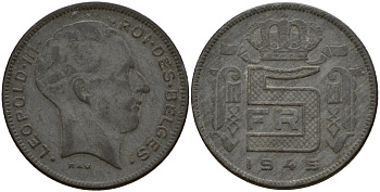 Бельгия 5 франков 1945 DES BELGES, Леопольд III (1934-1947) KM 130 цинк 4161-947