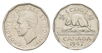 Канада 5 центов 1947 бобр, Георг VI (1937-1952) KM 39a никель 4639-426