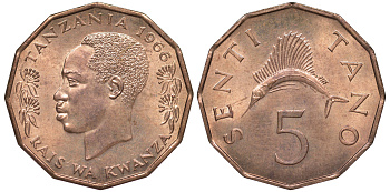 Танзания 5 центов 1966 KM 1 бронза UNC 4519-936