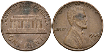 США 1 цент 1964 Линкольн KM 201 медь цинк 4564-433