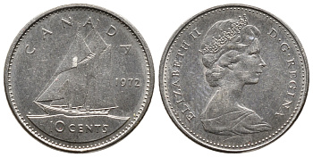 КАНАДА 10 ЦЕНТОВ 1972 ПАРУСНИК, ЕЛИЗАВЕТА II KM 77.1 никель 73-1717