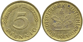 ФРГ 5 ПФЕННИГОВ 1981 F KM 107, J. 382 сталь плакированная латунью 4392-1043