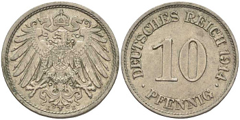 ГЕРМАНИЯ 10 ПФЕННИГОВ 1914 E KM 12, J. 13 медно-никель 33-1153