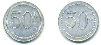 ФРАНЦИЯ 50 САНТИМОВ НАЧАЛО XX ВЕКА d 24 мм, вес около 1,0 гр., платежный жетон алюминий 89-955