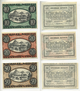 АВСТРИЯ, ВАЧАУ НАБОР ИЗ 3 БАНКНОТ 1920 30 СЕНТЯБРЯ 1920, НОТГЕЛЬД, 10, 20, 50 ГЕЛЛЕРОВ, DURNSTEIN A/D DONAU, ВТОРОЙ ВЫПУСК бумага aUNC 70-20-2