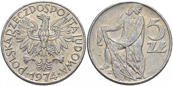 Польша 5 злотых 1974 MW, рыбак KM 47, Parchimowicz 220f алюминий 4545-532