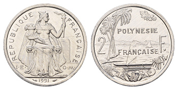 Французская Полинезия 2 франка 1991 KM 10 алюминий UNC 4118-746
