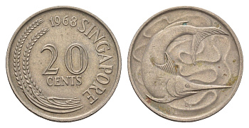 Сингапур 20 центов 1968 голубой марлин, тунец KM 4 медно-никель 4513-1245