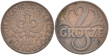 ПОЛЬША 2 ГРОША 1937 w KM 9а бронза 4516-1014